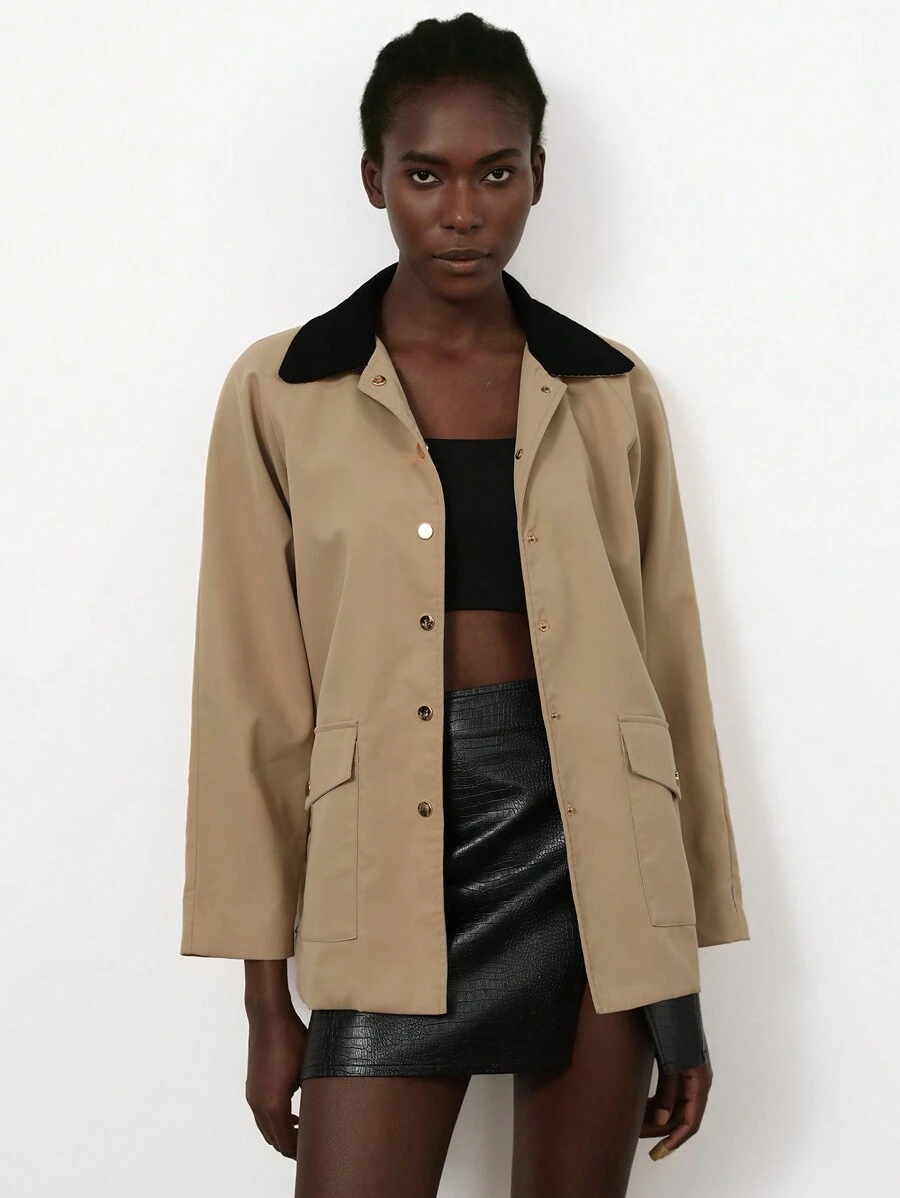 Aveloria Modichic Young Casual Knit Patchwork Collar Metal Button Front Insulated Lining Raglan Sleeve Women Mid-Length Regular Jacket - Khaki - View 1