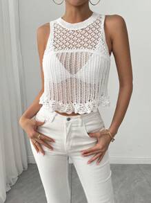 Breezaya Women's Solid Color Sleeveless Sheer Hollow-Out Knit Top - White - View 6