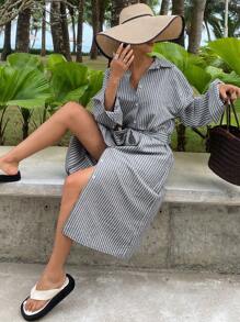 DAZY Váy sơ mi kẻ sọc rộng, dài vừa phải cho nữ, Váy thường ngày cho nữ, Váy mùa thu - Màu xanh lam - Xem 1