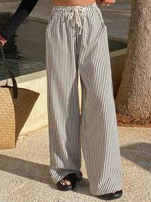 DAZY Women Striped Drawstring Wide Leg Maxi Pants Vacation Outfits Women - Apricot - View 4
