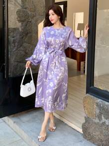 DAZY 女士全花卉印花中式领中长连衣裙，秋季连衣裙 - 紫色 - 查看 3
