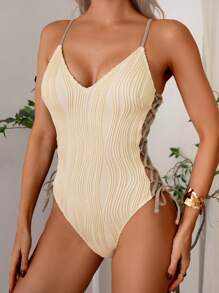 Textured Wavy Pattern Sexy Side Tie Strap One-Piece Swimsuit For Women, Beachwear Vacation Swimwear For Summer Beach Vacation - Beige - View 1