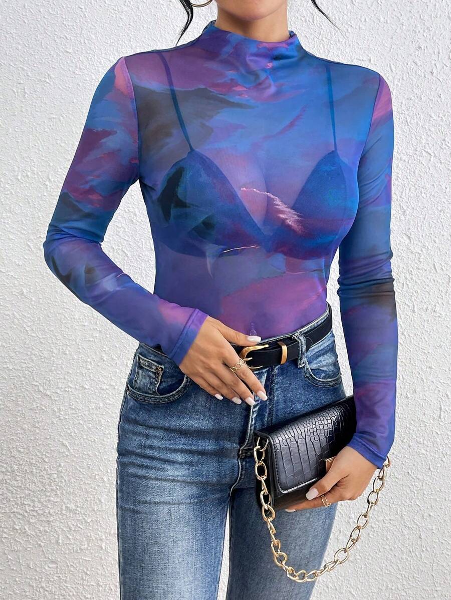 Chiquease Women's Fashion Tie-Dye Print Mesh Sheer Top Fall Cloth For Women - Violet Purple - View 1