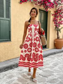 Chiquease 女士夏威夷风格休闲日常度假花卉印花长款吊带裙，夏季超长女装 - 紅色 - 查看 8