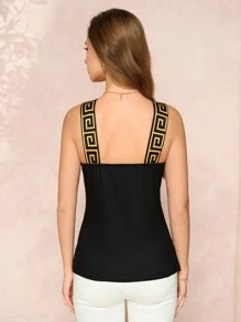 Amorya Printed Contrast Trim Halter Neck Tank Top For Women, Minimalist Casual Daily Fashion