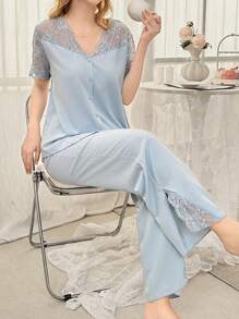 SHEIN Lace Patchwork Sheer Shoulder Open Front Short Sleeve Pajama Set - Baby Blue - View 3