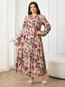 Al Najma Plus Size Elegant Commuter Floral All-Over Print Button Front Shirt Dress - Multicolor - View 5