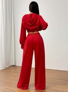 SHEIN EZwear Bộ 2 món áo hoodie và quần dài màu trơn cho nữ - Đỏ - Xem 2