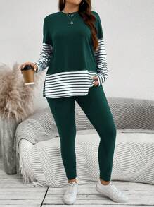 EMERY ROSE Plus Size Women 2pcs Set, Striped Colorblock Crew Neck Long Sleeve Top And Solid Color Pants Women Clothing Sets Airport Women Outfits Fall Clothes Clothes Outfit Sets Travel Outfit Airport - Dark Green - View 5