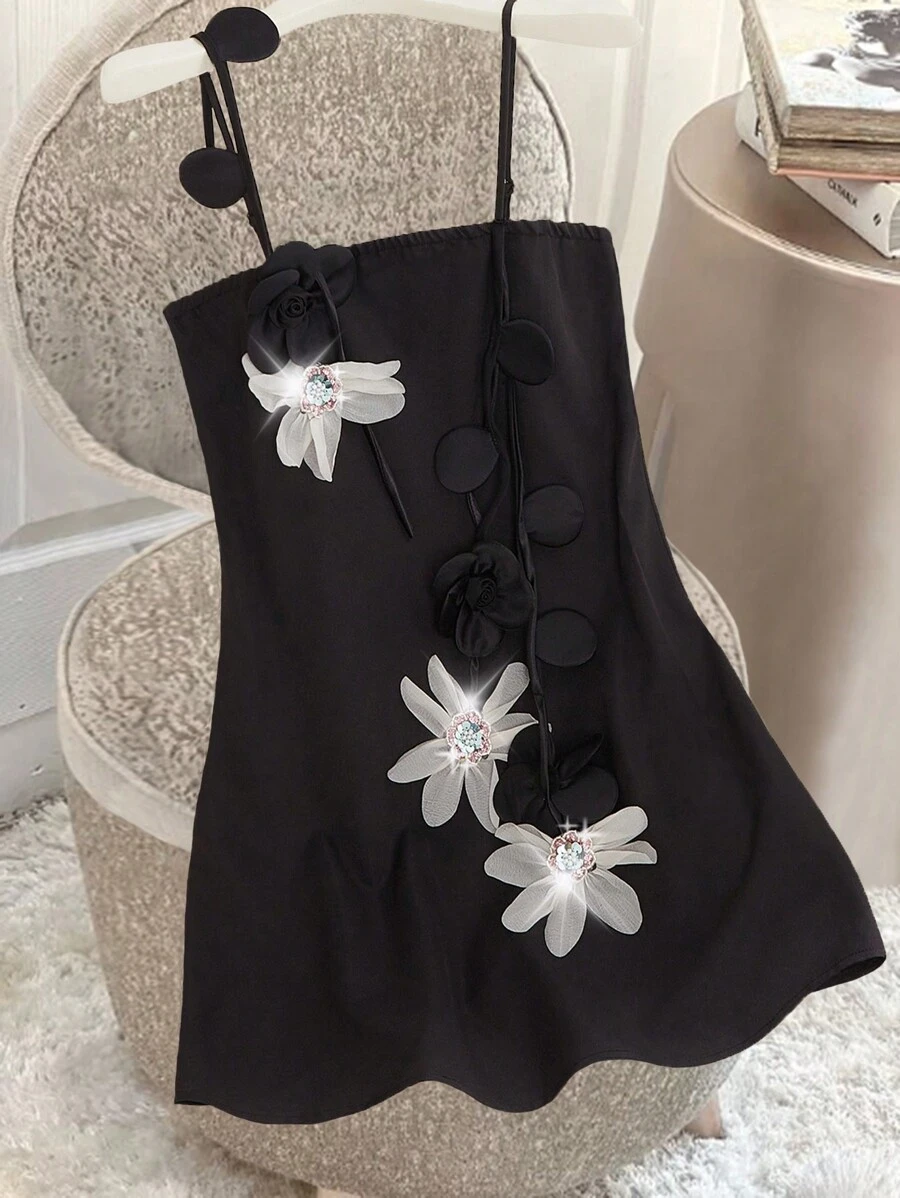 Franclia 2025 年春夏新款优雅 A 字型无袖连衣裙，带 3D 花卉珠饰，黑色和白色 - 黑色 - 查看 1