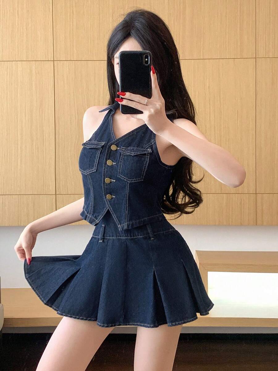 DAZY 水洗针迹点缀背心和褶皱迷你裙女士牛仔套装 - 深色水洗藍 - 查看 1