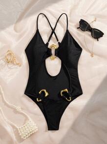 SHEIN 女士性感紧身不对称金属装饰细肩带连体泳衣，露背高开叉设计，适合海滩、夏季度假、派对和郊游 - 黑色 - 查看 4