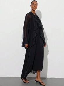 Aveloria Modichic Ladies' Spring Elegant Ruffle Collar Tie-Neck 2 In 1 Chiffon Long Sleeve Dress - Black - View 1