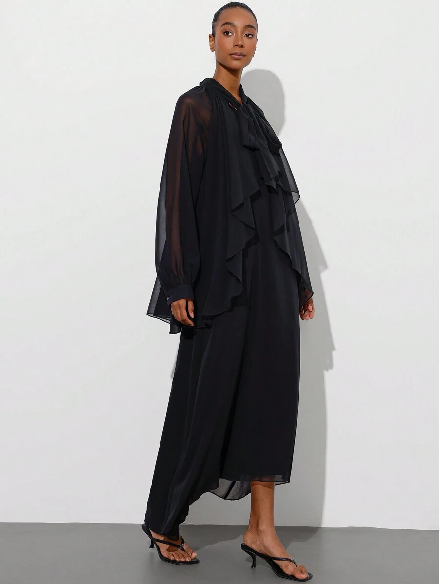 Aveloria Modichic Ladies' Spring Elegant Ruffle Collar Tie-Neck 2 In 1 Chiffon Long Sleeve Dress - Black - View 1