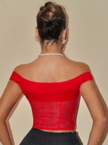SHEIN ICON Valentine's Day Dating Valentines Clothes Spring Summer Lace Patchwork Off Shoulder Red Bow Decor Valentine's Day Women Red Women Tops - Red - View 3