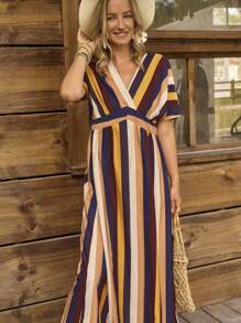 LanaWest Casual Vacation Colorful Striped Batwing Sleeve Loose Dress