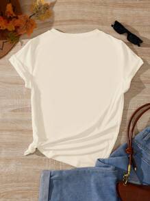 INAWLY Vrouwen Zwart Kunstzijde Lint & Kant Strik Grafisch Ronde Hals Korte Mouw Bedrukt T-shirt