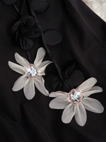 Franclia 2025 年春夏新款优雅 A 字型无袖连衣裙，带 3D 花卉珠饰，黑色和白色 - 黑色 - 查看 3