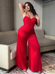 Flirla Plus Size Solid Color Minimalist Fashion Casual Everyday Jumpsuit - Red - View 2