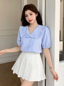 DAZY Áo sơ mi nữ tay lỡ xếp nếp sọc - Màu xanh lam - Xem 3