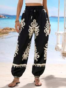 Breezaya 女士优雅休闲假日复古印花口袋腰带长裤 - 彩色 - 查看 6