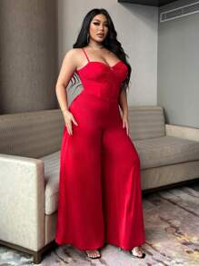 Flirla Plus Size Solid Color Minimalist Fashion Casual Everyday Jumpsuit - Red - View 3