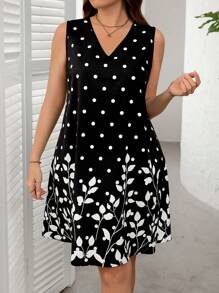 SHEIN LUNE 优雅大码黑白波点连衣裙，带有树叶印花细节，适合女士，老式钱风格女士，女士早午餐装，机场装，女牛仔夏季装，女士毕业春季夏季服装 - 黑與白 - 查看 4