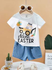 SHEIN Conjunto de 2 piezas para niños pequeños con parte superior de manga corta con estampado de conejo y excavadora y pantalones vaqueros de mezclilla, adecuado para actividades al aire libre, vacaciones de Pascua, sesión de fotos, primavera/verano - Blanco - Ver 2