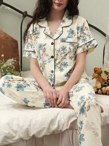 女式花卉印花翻领口袋短袖和长裤睡衣套装 - 彩色 - 查看 3