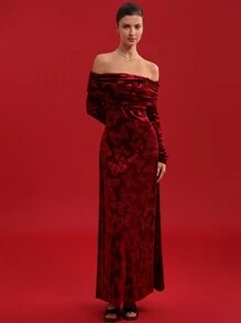 GENKIRA Vestido de fiesta con estilo romántico italiano para mujeres, vestido de terciopelo con manga larga con abertura en los hombros y diseño de jacquard con mariposa en la cintura - Multicolor - Ver 5