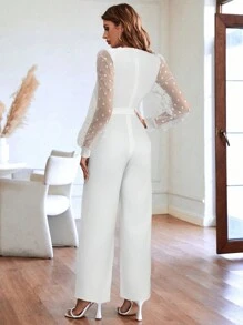 SHEIN Clasi 女士优雅圆点网眼拼布白色通勤连体裤 - 白色 - 查看 2