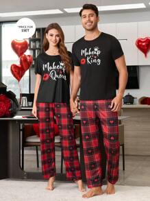 CoupledUp Letter, Lip Print Short Sleeve Top And Heart Plaid Print Pants Couple Casual Loungewear Set For Men - Black - View 1