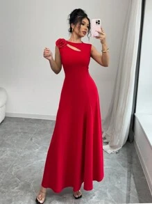 Elenzga 无袖雕塑感红色花卉印花修身中长礼服，情人节 - 紅色 - 查看 1