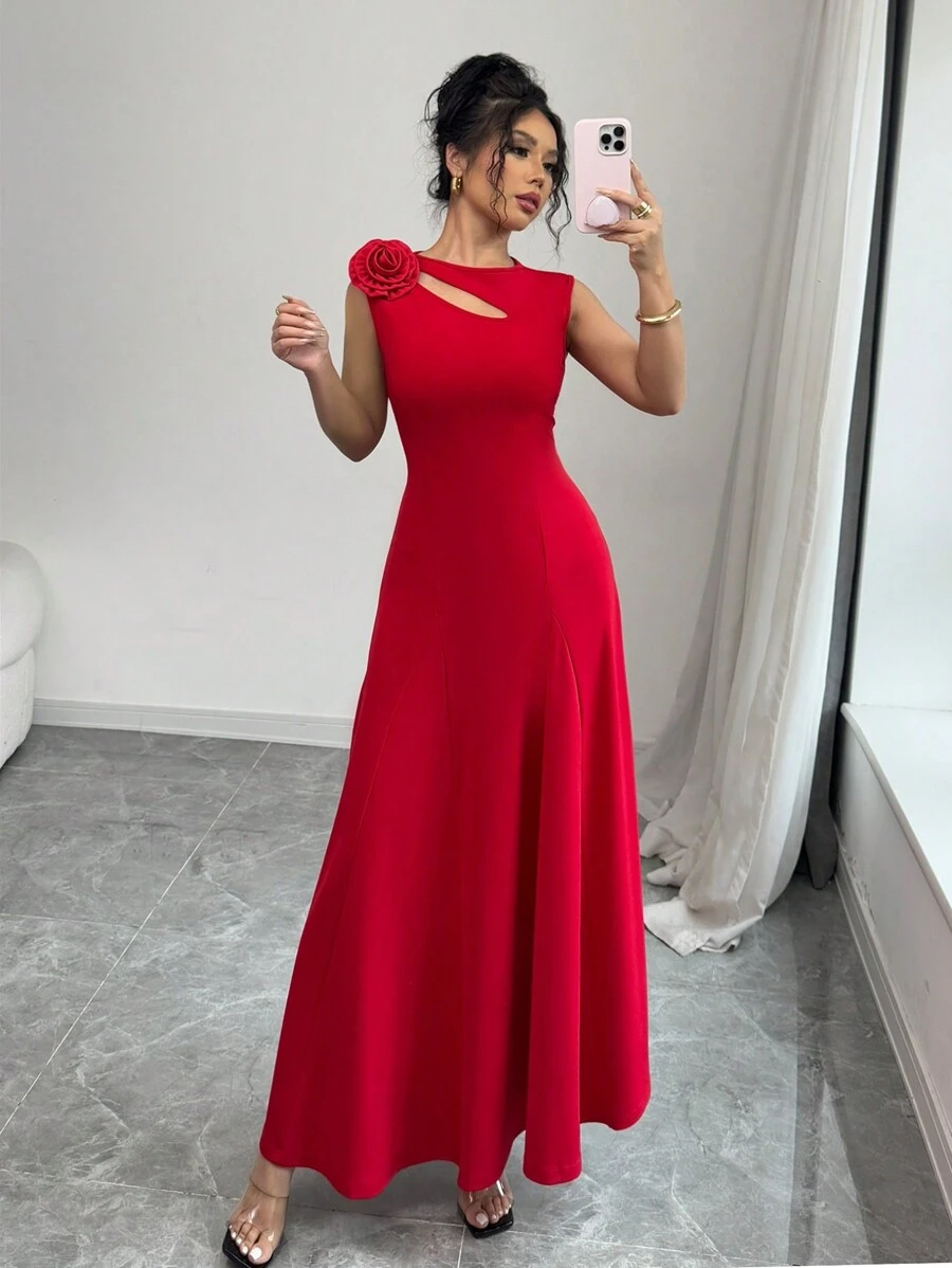 Elenzga 无袖雕塑感红色花卉印花修身中长礼服，情人节 - 紅色 - 查看 1