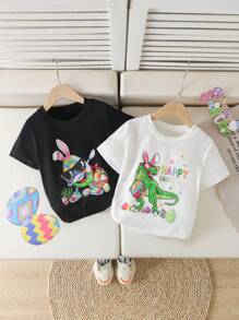 Young Boy Casual Simple Daily Round Neck Short Sleeve T-Shirt - Black - View 1