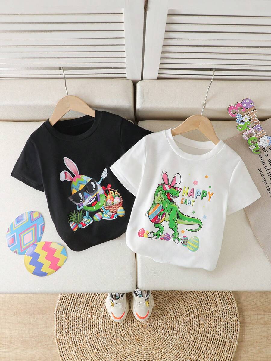 Young Boy Casual Simple Daily Round Neck Short Sleeve T-Shirt - Black - View 1