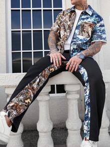 Manfinity LEGND Conjunto de camisa de manga corta y pantalones con estampado de camuflaje y color de contraste para hombre