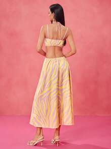Thainara Oliveira Designer Boho Bohemian Pink And Butter Yellow Printed Cutout Ruched Bust Tie Maxi Dress, Festival, Concert Outfit, Pastel, Prom Dress