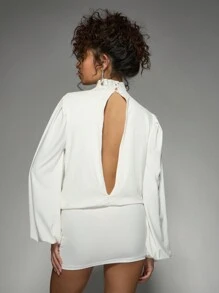 MISSGUIDED Đầm dự tiệc ngắn cổ choker xếp ly, tay phồng thanh lịch, đầm dạ hội sang trọng, đầm dự tiệc năm mới, đầm dự tiệc kiểu quấn, đầm trang trọng. - trắng - Xem 2