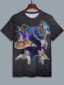 Manfinity Dauomo Heren Casual Kattenprint Ronde Hals Korte Mouw T-shirt