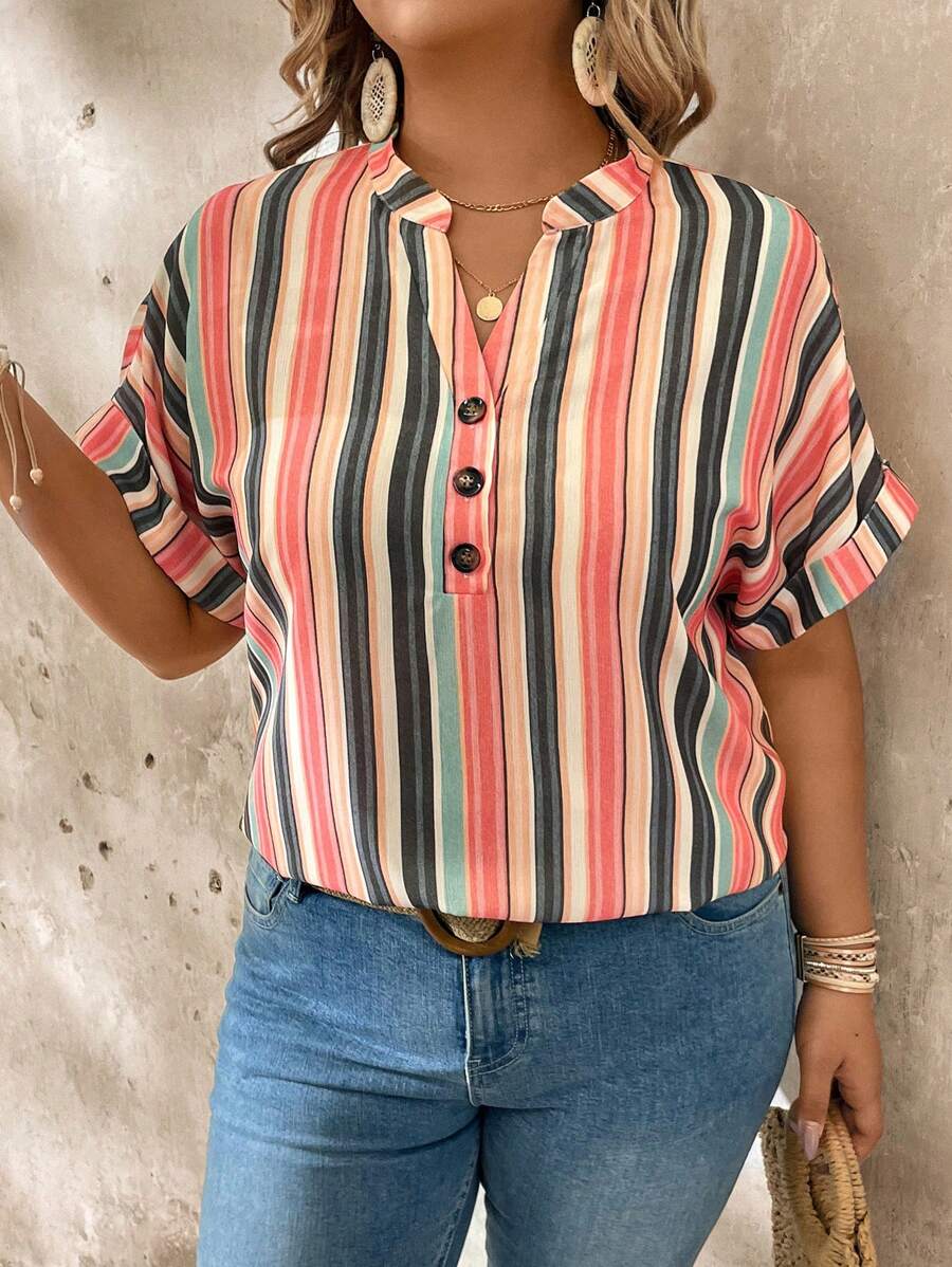 EMERY ROSE Cuffed Sleeve Colorful Striped V-Neck Plus Size Shirt - Multicolor - View 1