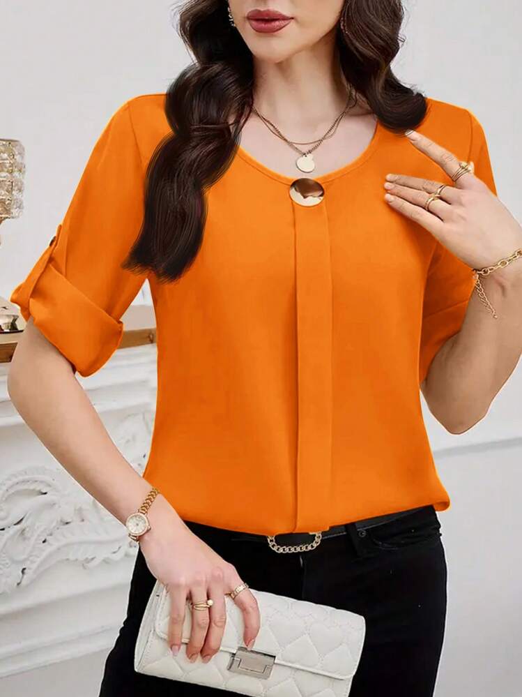 SHEIN Clasi Camisa casual de oficina para mujer de unicolor y mangas enrollables - Naranja Quemada - Añade 1