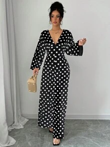 RosyDaze Shirred Asymmetrical Black & White Print Women's Jumpsuit, Cinched Waist Wide Leg Loose Casual Commuter Jumpsuit For Ladies - Black and White - View 7