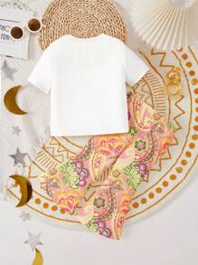 SHEIN Leap Crew Baby Girl Casual Elegant Ramadan Moon & Flower Pattern Short Sleeve Round Neck T-Shirt And Flare Pants Suit, Suitable For Spring/Summer - Multicolor - View 2
