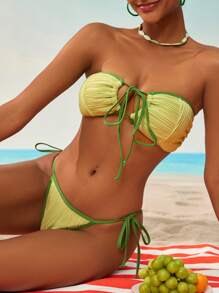 SHEIN Swim Vacay Vibes Women Summer Beach Holiday Textured Striped Fabric Swimwear Set - Multicolor - View 4