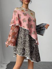 Chiquease Women's Contrast Color Block Printed Bell Sleeve Short Dress