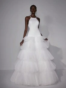 Elitara 优雅简约白色性感大露背超大蛋糕裙长款婚礼节女式正式婚纱、新娘礼服 - 白色 - 查看 7