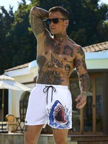 Surfspeed Men's Shark Print Drawstring Waist Beach Shorts Men Swim Trunks - Multicolor - View 4