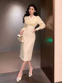 DAZY Cream Autumn Elegent Party Elegant Textured Patchwork Lapel Mid-Calf Dress For Women,Suitable For Spring,Dates,Night Out Prom Long Sleeve Maxi Dress - White - View 8