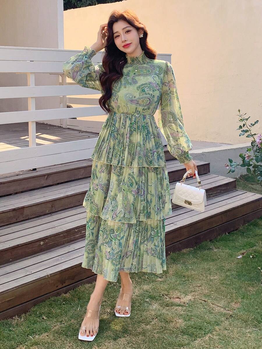 DAZY Floral Print Stand Collar Midi Dress For Ladies,Ruffle,Fall Dress Long Sleeve Dress Vacation Outfits Women Easter - Green - View 1